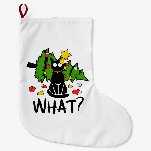 Funny Black Cat Christmas Tree Merry Santa Humour  Large Christmas Stocking (Front)