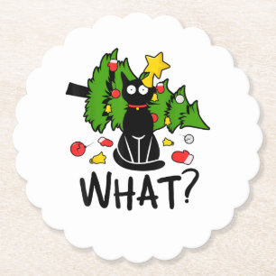 Funny Black Cat Christmas Tree Merry Santa Humour Paper Coaster