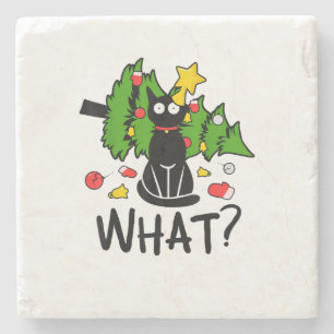Funny Black Cat Christmas Tree Merry Santa Humour Stone Coaster