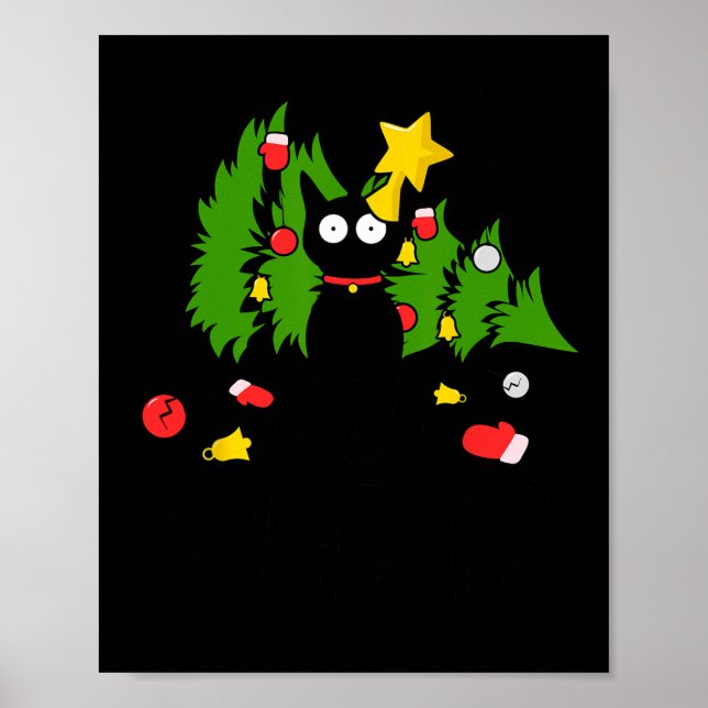 Funny Black Cat Christmas Tree Merry Xmas Humour C Poster (Front)