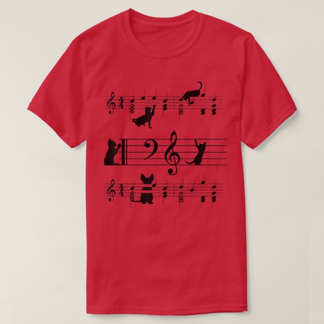 Funny Black Cat Climbing Playing Sheet Music Note  T-Shirt (Design Front)