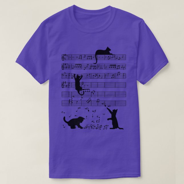 Funny Black Cat Climbing Playing Sheet Music Note  T-Shirt (Design Front)