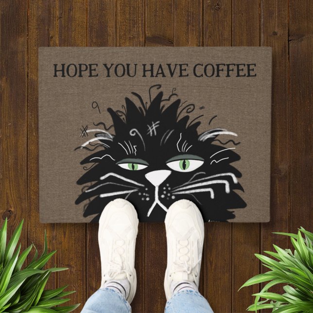 Funny Black Cat Coffee 18x24" Welcome Mat (Funny Black Cat Hope You Have Coffee Doormat)