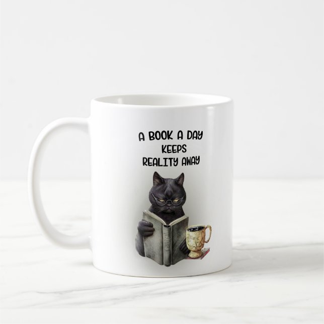 Funny Black Cat Coffee Book Day Keeps Reality Away Mug (Left)