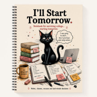 Funny Black Cat College Procrastination Notebook