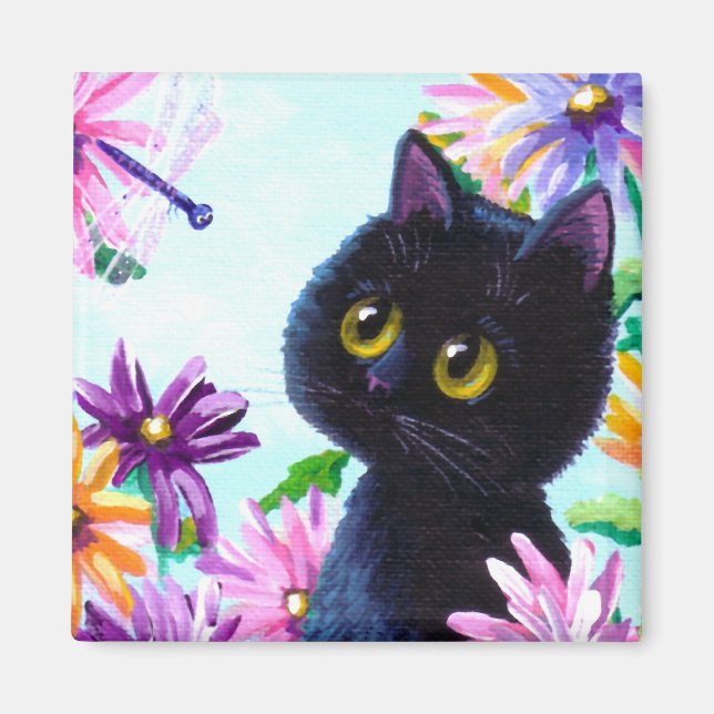 Funny Black Cat Dragonfly Daisies Creationarts Magnet (Front)