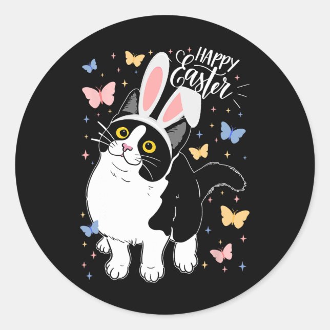 Funny Black Cat Easter Egg Happy Easter Bunny Tuxe Classic Round Sticker (Front)