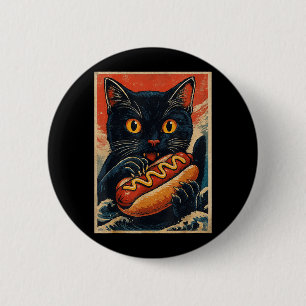 Funny Black Cat Eating Hot Dog Retro Japanese 6 Cm Round Badge