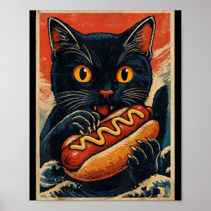 Funny Black Cat Eating Hot Dog Retro Japanese Poster