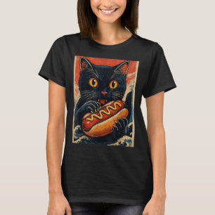 Funny Black Cat Eating Hot Dog Retro Japanese T-Shirt
