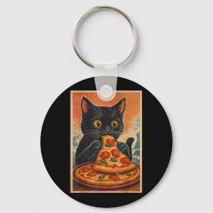 Funny Black Cat Eating Pizza Retro Japanese Key Ring