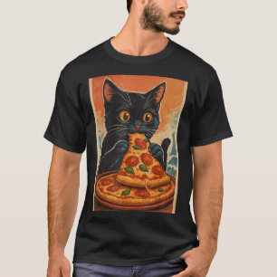 Funny Black Cat Eating Pizza Retro Japanese T-Shirt