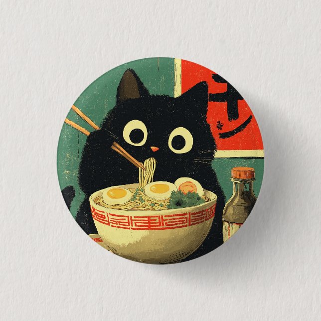 Funny Black Cat Eating Ramen 3 Cm Round Badge (Front)