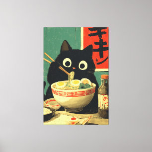 Funny Black Cat Eating Ramen Canvas Print