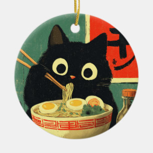 Funny Black Cat Eating Ramen Ceramic Tree Decoration