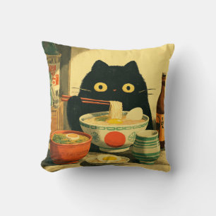 Funny Black Cat Eating Ramen Cushion