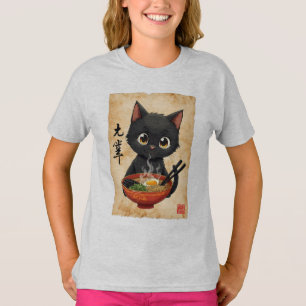 Funny Black Cat Eating Ramen Cute Japanese Kawaii T-Shirt
