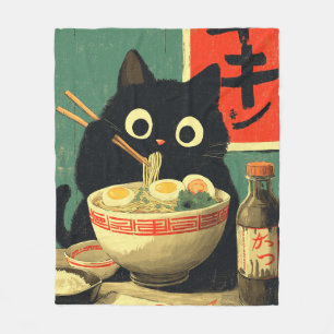 Funny Black Cat Eating Ramen Fleece Blanket