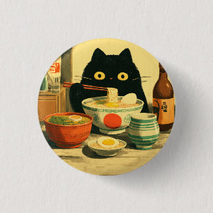Funny Black Cat Eating Ramen   Japanese Vintage 3 Cm Round Badge