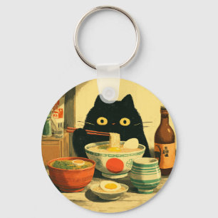 Funny Black Cat Eating Ramen Japanese Vintage Key Ring