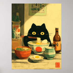 Funny Black Cat Eating Ramen   Japanese Vintage Poster