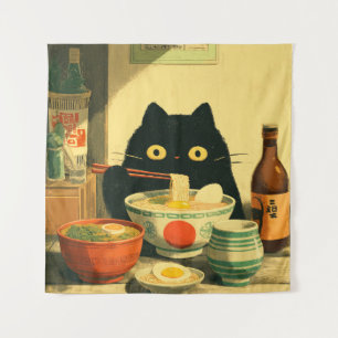 Funny Black Cat Eating Ramen   Japanese Vintage Tapestry