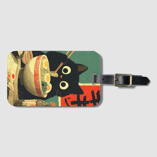 Funny Black Cat Eating Ramen Luggage Tag (Front Horizontal)