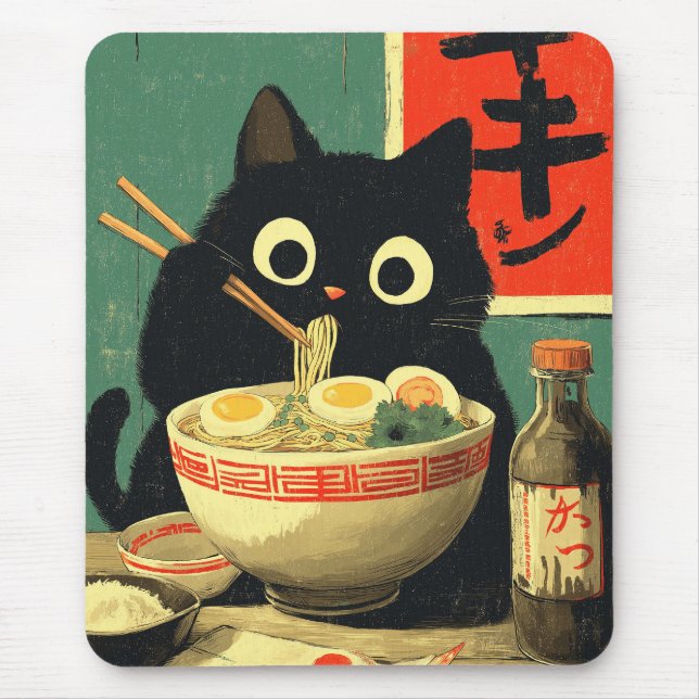 Funny Black Cat Eating Ramen Mouse Pad (Front)
