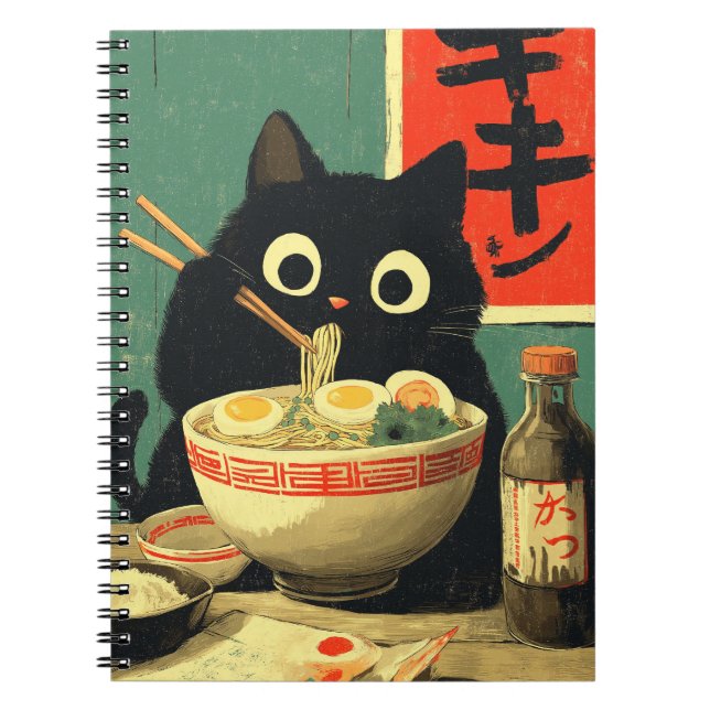 Funny Black Cat Eating Ramen Notebook (Front)