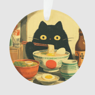 Funny Black Cat Eating Ramen Ornament