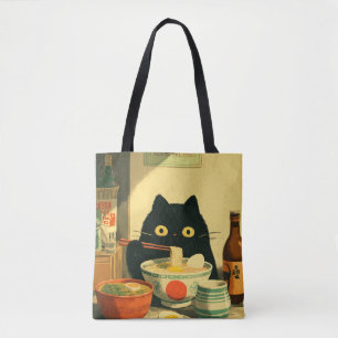 Funny Black Cat Eating Ramen Tote Bag