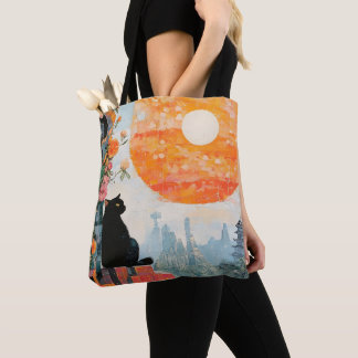 Funny Black cat enjoying the full moon Tote Bag