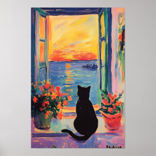 Funny Black cat enjoying the sunset  Poster