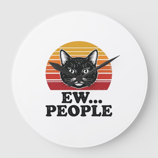 Funny Black Cat Ew People Retro Sunset T-Shirt Des Large Clock (Front)