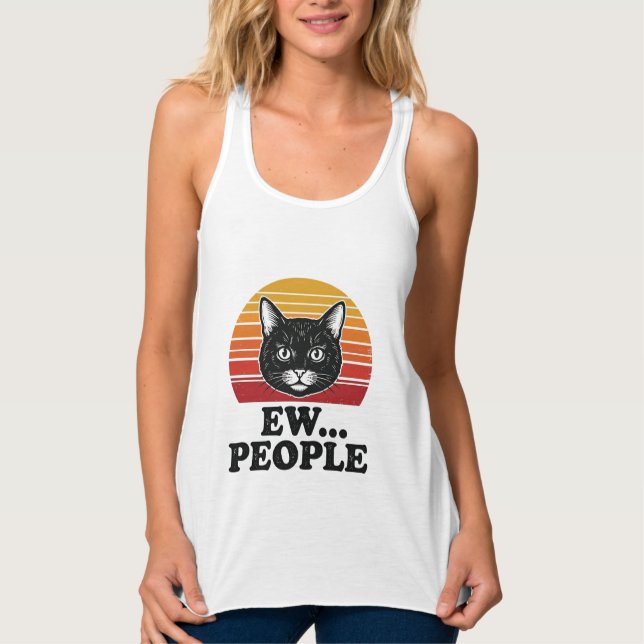 Funny Black Cat Ew People Retro Sunset T-Shirt Des Singlet (Front)