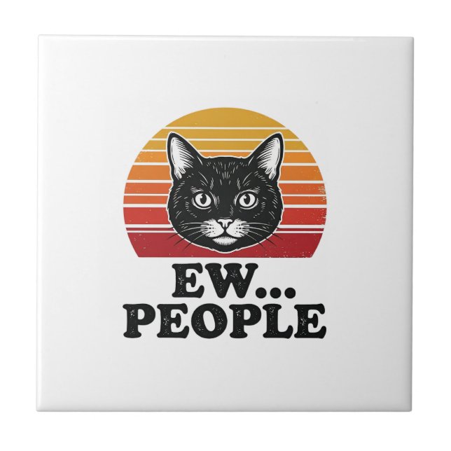 Funny Black Cat Ew People Retro Sunset T-Shirt Des Tile (Front)