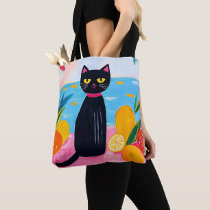Funny Black Cat Fresh Fruit and Sea Tote Bag
