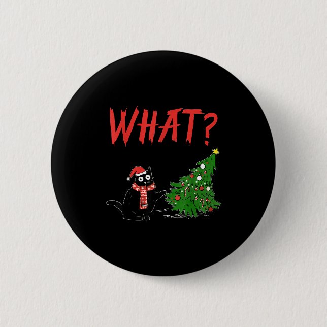 Funny Black Cat Gift Pushing Christmas Tree Over C 6 Cm Round Badge (Front)