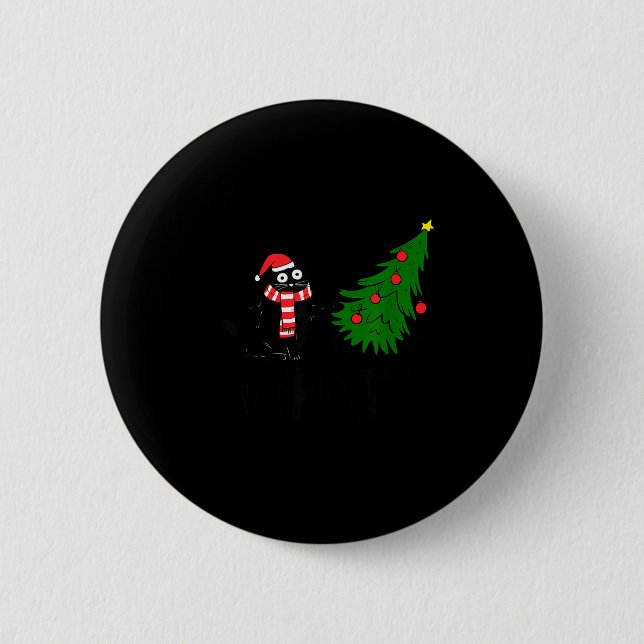 Funny Black Cat Gift Pushing Christmas Tree Over C 6 Cm Round Badge (Front)
