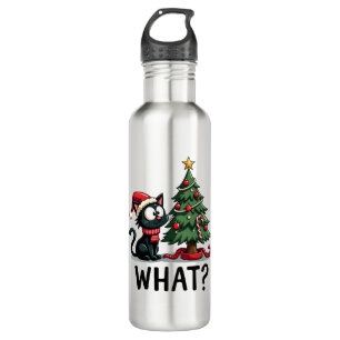 Funny Black Cat Gift Pushing Christmas Tree Over C 710 Ml Water Bottle
