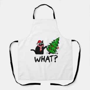 Funny Black Cat Gift Pushing Christmas Tree Over C Apron