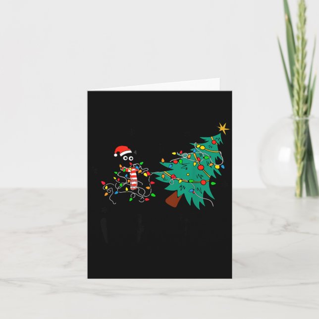 Funny Black Cat Gift Pushing Christmas Tree Over C Card (Front)