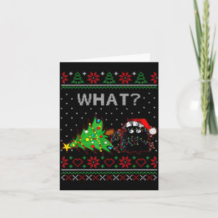 Funny Black Cat Gift Pushing Christmas Tree Over C Card