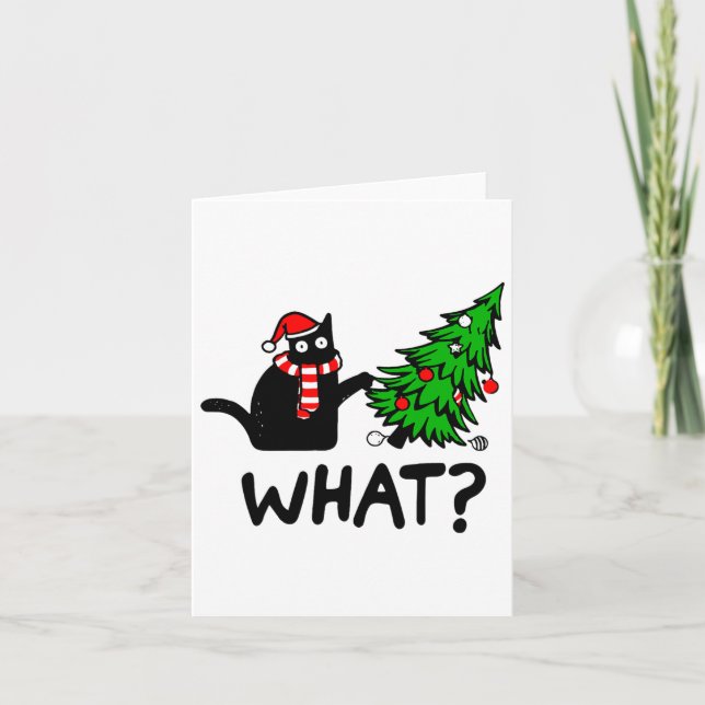 Funny Black Cat Gift Pushing Christmas Tree Over C Card (Front)