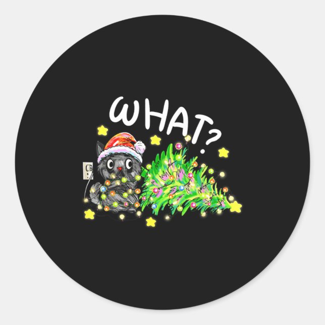 Funny Black Cat Gift Pushing Christmas Tree Over C Classic Round Sticker (Front)
