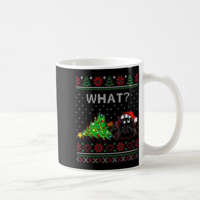 Funny Black Cat Gift Pushing Christmas Tree Over C Coffee Mug (Right)