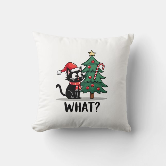 Funny Black Cat Gift Pushing Christmas Tree Over C Cushion (Front)