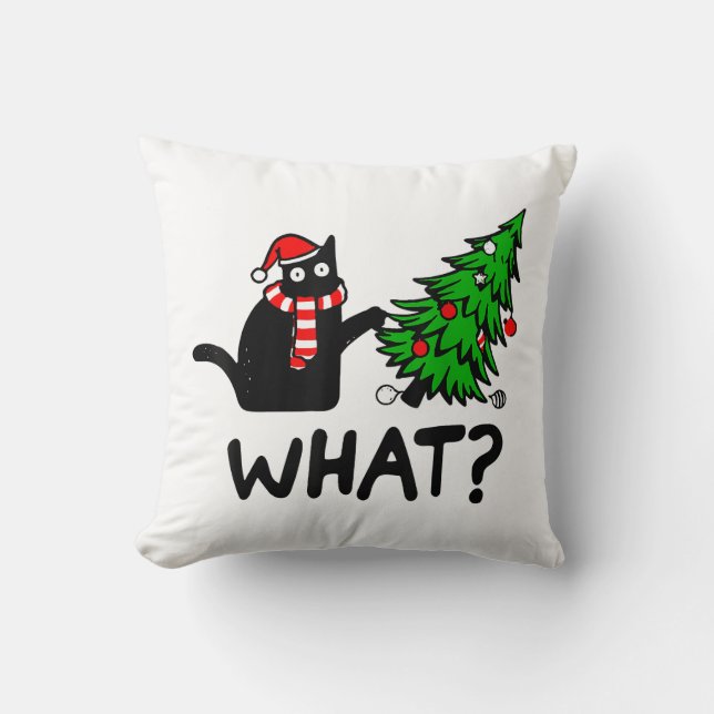 Funny Black Cat Gift Pushing Christmas Tree Over C Cushion (Front)