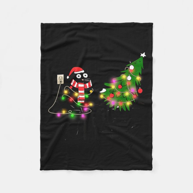 Funny Black Cat Gift Pushing Christmas Tree Over C Fleece Blanket (Front)