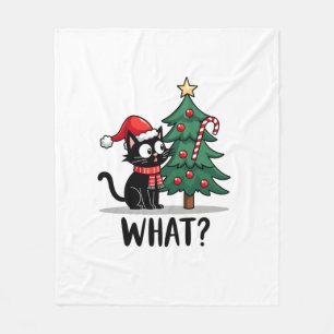 Funny Black Cat Gift Pushing Christmas Tree Over C Fleece Blanket